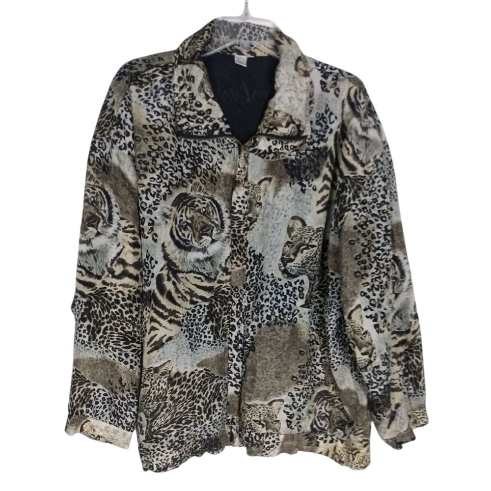 Vintage CoAco Lightweight Animal Print Silk Zip Jacket‎ 2X Safari Black Brown